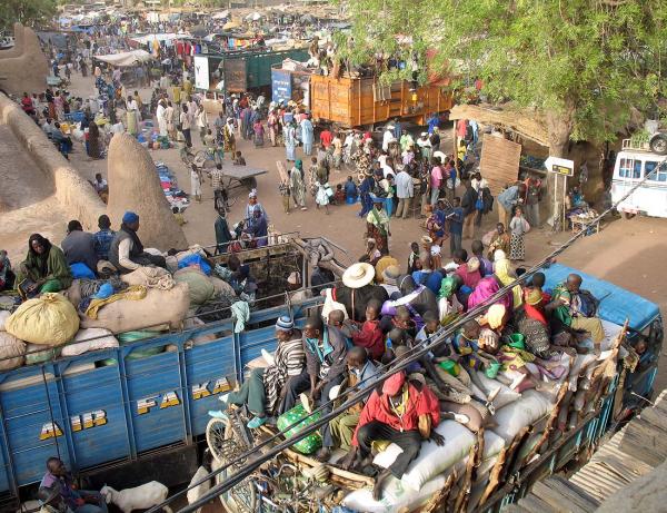 Market day in Djenne, as locals pile aboard trucks for the ride home